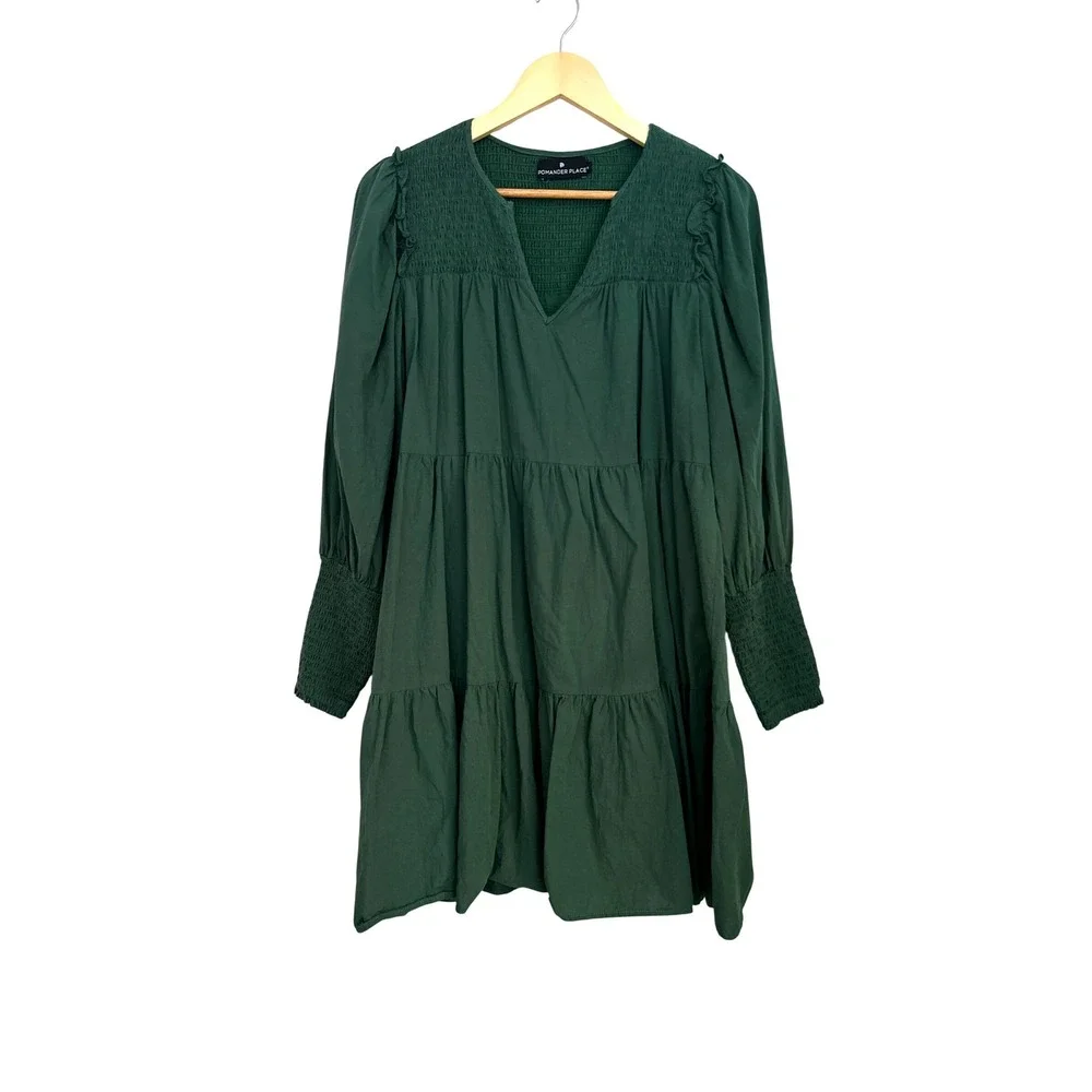 Pomander Place Womens Green Smocked Tiered Cotton Mini Dress Size Medium - Picture 3 of 9
